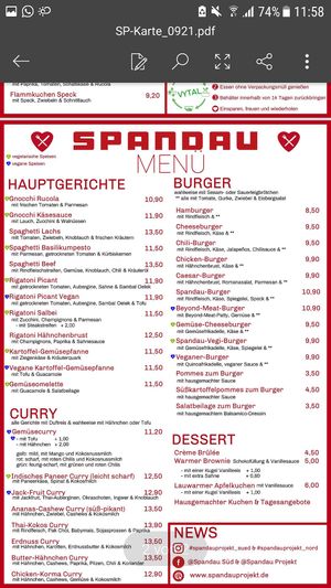 Speisekarte at Spandau Projekt in Hannover