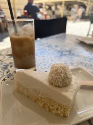 Vegan Raffaello Tarte and Vegan Iced Coffee with almond milk   at De Bono Coffee Shop in Valletta