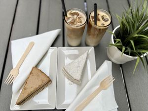 Twix cake and Raffaello cake and Iced Latte (with Soy milk)  at De Bono Coffee Shop in Valletta