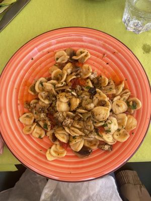 Orecchiette champignons, tomates, câpres et croûtons à l’huile d’olive  at Bio 72 in Bari