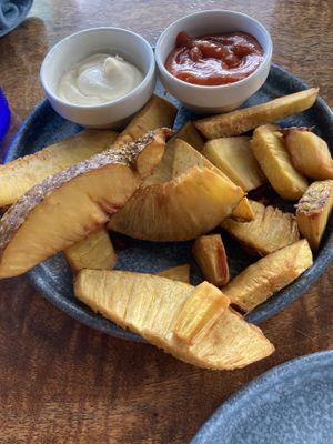 Ulu fries with spicy ketchup   at Magics Beach Grill in Kailua Kona