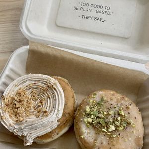 Nutella-filled praline (left), pistachio cream (right).  at Areca Bakery in Barcelona