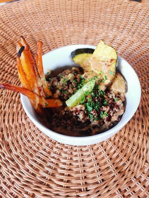 Quinoa bowl, served with lentils and roasted veggies at Still Salty Escape in El Viejo
