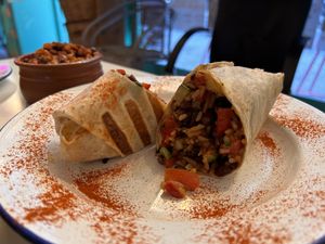 Burrito with a side of rice and beans, all well seasoned   at El Burro Tacos y Tequila in Athens