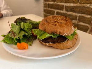 Vegan hamburger and salad .  at Yegolé Termopolio in Oaxaca