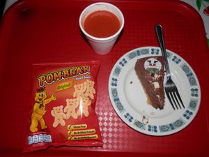 Triple chocolate vegan cheesecake, crisps and tomato soup. at Hillside Shire Horse Sanctuary Cafe in West Runton