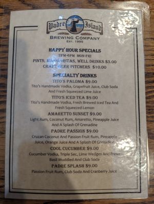 Happy hour menu at Padre Island Brewing Co in South Padre Island