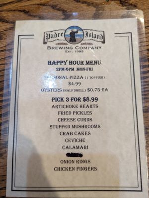 Happy hour menu at Padre Island Brewing Co in South Padre Island