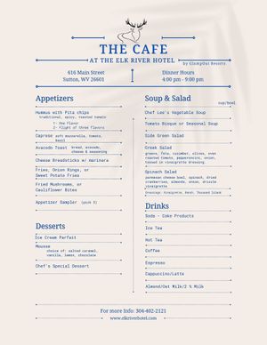 Menu page 1 at Elk River Hotel & Cafe by GlampOut Resorts in Sutton