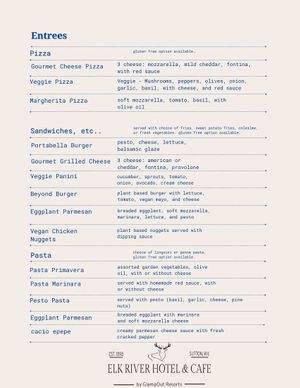 Menu page 2 at Elk River Hotel & Cafe by GlampOut Resorts in Sutton