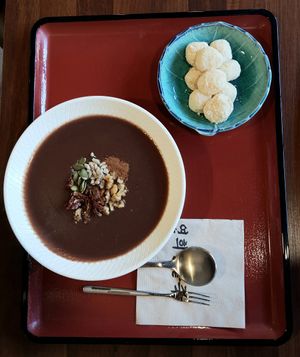 Danpatjuk with injeolmi rice cakes at Yeonhui Danpotjuk in Seoul