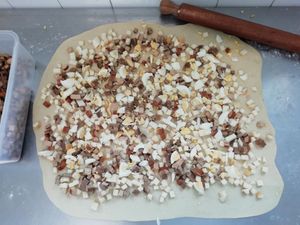 Our interpretation of Casatiello (tipical focaccia roll prepared in Naples during Easter period): no lard but Extra virgin olive oil, seitan, vegan wurstel, and a little of cheese. at Osteria di Filia in Castellamonte