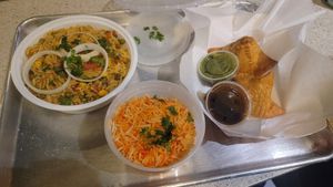 Flavorful rice and samosas at Chapati Beta - The Garage Food Hall in Indianapolis