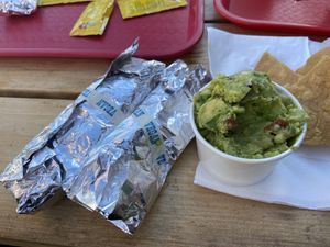 2 Mushroom Rajas tacos (vegan) & side of guacamole and chips  at Red Dog Saloon in Pioneertown