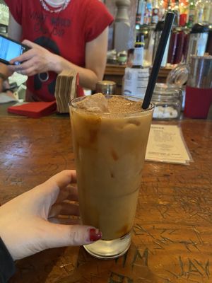 Cowboy coffee with oat milk   at Red Dog Saloon in Pioneertown
