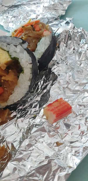 Crab meat in the vegan Kimbap at Bomulseom Kimbap - 보물섬김밥 in Seoul