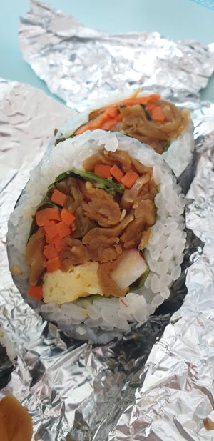 Crab meat in the vegan Kimbap at Bomulseom Kimbap - 보물섬김밥 in Seoul