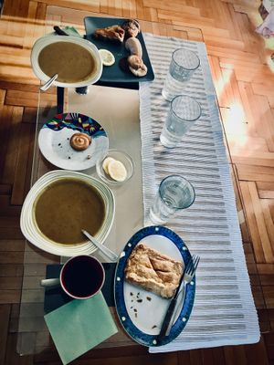 A full four-course meal, courtesy of Little Bear's pastry goddess--Veggie Soup, cookies, cheese pie, doughnuts, spinach pie and a muffin.  at Little Bear in Pireas