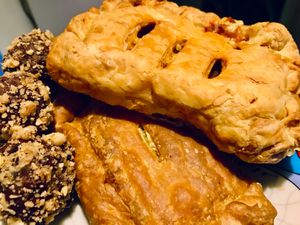 Savory pies. Ham and Cheese, and some tasty chocolate-rolls.  at Little Bear in Pireas