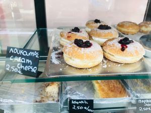 Donuts with fruit topping.  at Little Bear in Pireas