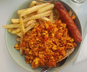 Tofu Kagianas with fries and sausage at Little Bear in Pireas
