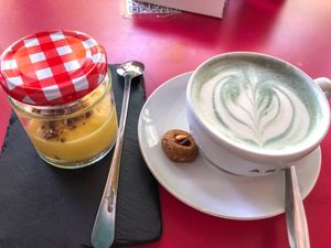 Lemon cream & butterfly pea latte  at Cafe Macondo in Mallorca