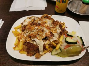"Vegan kebab med strips", commonly known as "kebabtallrik" or "kebab plate" I guess at Torino Pizzeria in Gaevle