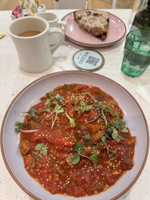 The tomatoes and okra, coffee with oat milk, and a vegan scone   #Veganuary at Millers in Charleston