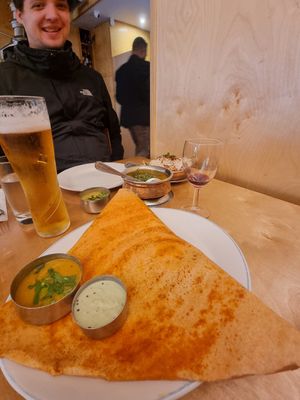 Mains - masala dosa and saag aloo with garlic rice at Sagar Vegan & Vegetarian Restaurant - Covent Garden in London
