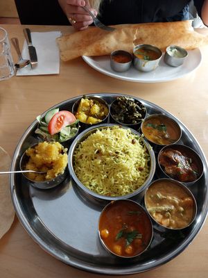 Vegan thali and masala dosa (top) at Sagar Vegan & Vegetarian Restaurant - Covent Garden in London