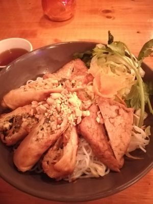 Vegan rice noodles with Tofu and spring rolls at Ngon Vietfood in Essen