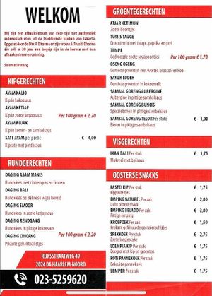 Menu at Terang Boelan in Haarlem