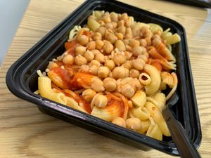 Koshary (without Fried Onions): Rice, Brown Lentils, Chickpeas & Pasta w/ Tomato Sauce.  They said the dish is "Oil Free" when omitting the Fried Onions at Cairo's Kitchen in Kalamazoo
