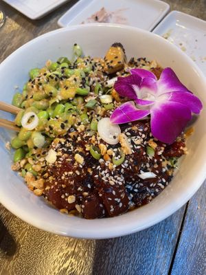 Noodle bowl with watermelon “tuna”— very impressive!  at Pimiento Tea Room in Holly Springs