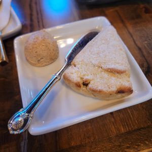 GF + Vegan Scone w/housemade Cinnamon Brown Sugar Butter at Pimiento Tea Room in Holly Springs