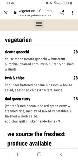 Vegan mains at Cataract on Paterson in Launceston