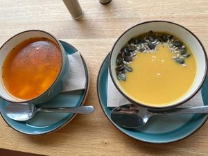 carrot-red lentil cream soup  at Mama Earth - Vegan Bistro in Gyor