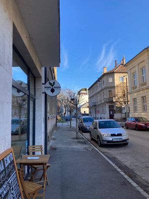 In front of the bistro. at Mama Earth - Vegan Bistro in Gyor