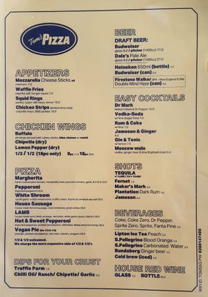 Menu at Tom's Pizza in Seoul