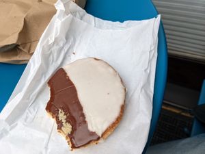 black and white cookie. amazing, not too lemony at all, and not too cakey at Ben & Esther's Vegan Jewish Deli in Portland