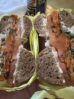 Lox bagel sandwich on pumpernickel   at Ben & Esther's Vegan Jewish Deli in Portland