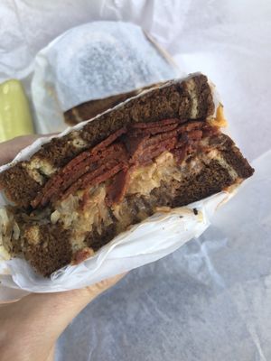 Reuben and pickle  at Ben & Esther's Vegan Jewish Deli in Portland