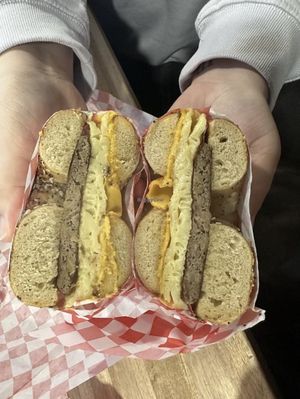Sausage, egg, and cheese on an everything bagel  at Ben & Esther's Vegan Jewish Deli in Portland