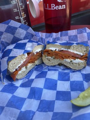 Bagel lox and cream cheese  at Ben & Esther's Vegan Jewish Deli in Portland
