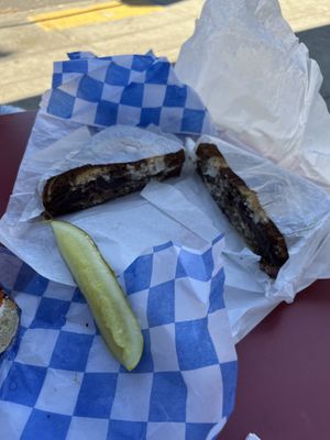 Sandwich and pickle  at Ben & Esther's Vegan Jewish Deli in Portland