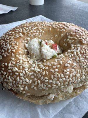 Sesame bagel with Veggie shmear   at Ben & Esther's Vegan Jewish Deli in Portland