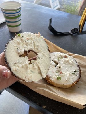 Thick schmear of scallion and bacon cream cheese.  at Ben & Esther's Vegan Jewish Deli in Portland