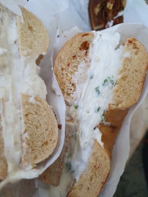 jalapeno bagel with green onion schmear at Ben & Esther's Vegan Jewish Deli in Portland