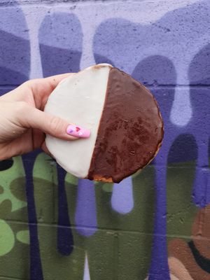 black and white cookie at Ben & Esther's Vegan Jewish Deli in Portland