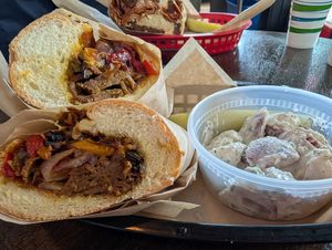 Philly cheese and potato salad at Ben & Esther's Vegan Jewish Deli in Portland